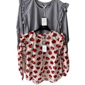 2 Free Assembly Women's Long Sleeve Ruffle Shirt Size Large Floral/stripe NEW